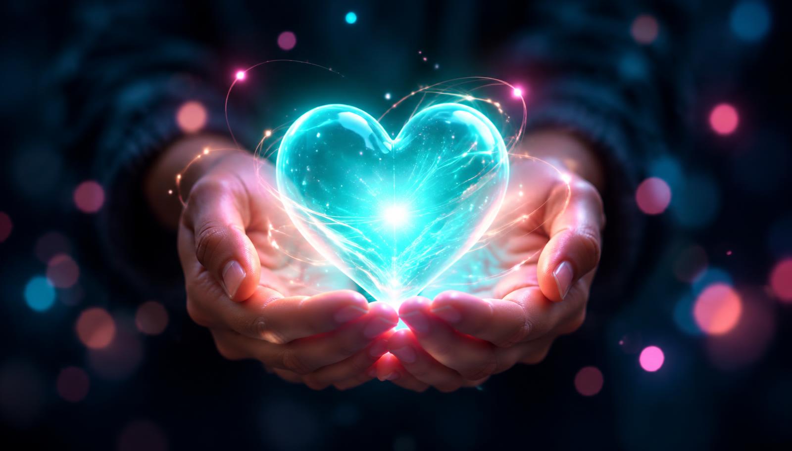A glowing heart held between caring hands